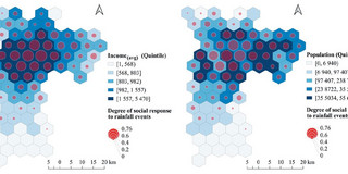 Maps showing the Twitter response to rainfall in relation to population and income