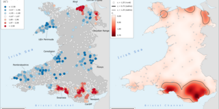 Two maps showing the geographical concentration of temporal access to post offices in Wales, UK.